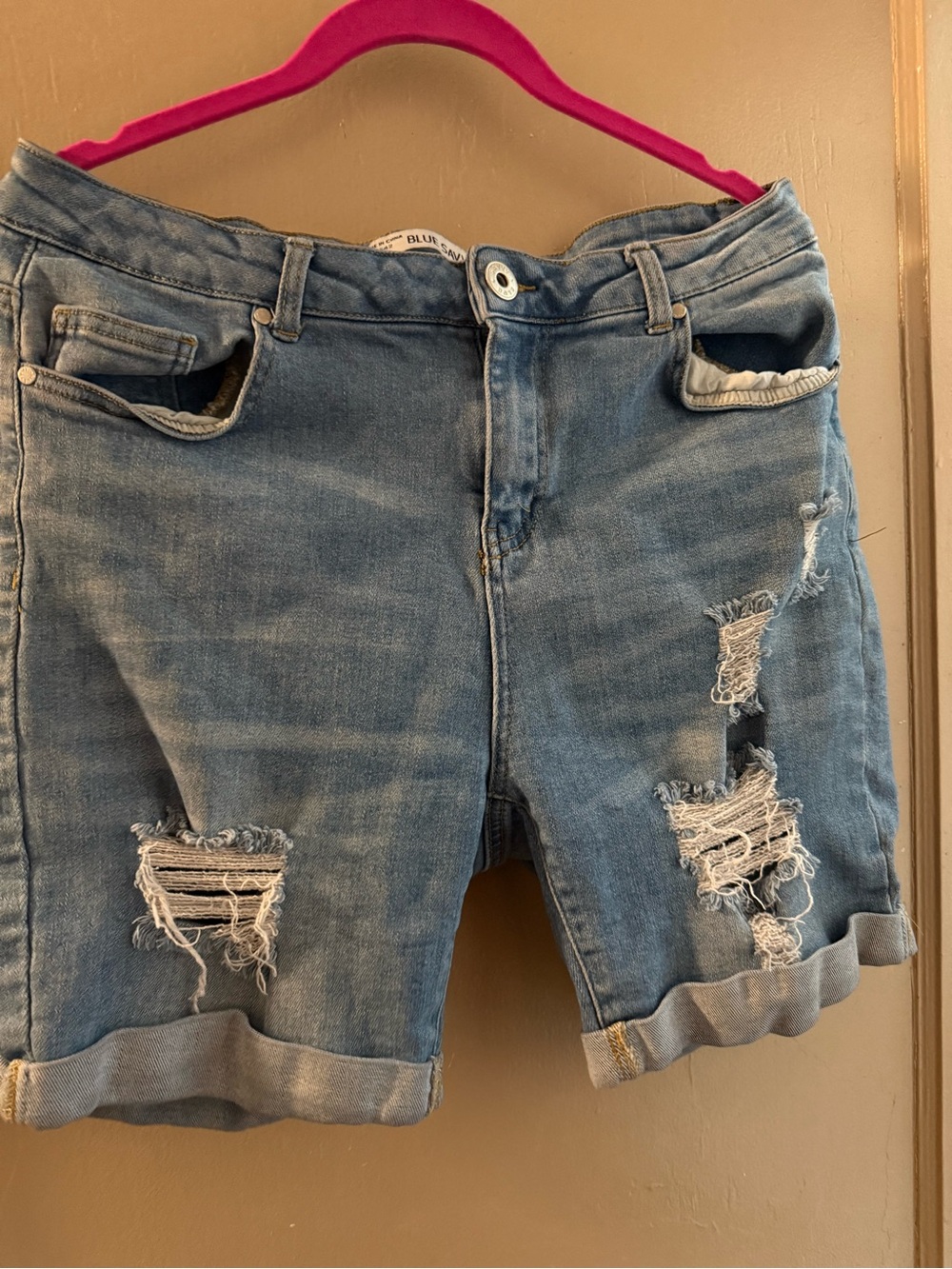 Light Blue Distressed Rolled-Hem Denim Shorts